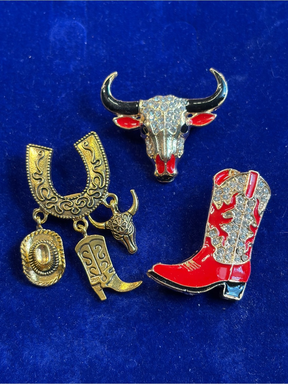 Western Cowboy Boot Bull Horseshoe Brooch Pin Lot of Three Pieces Southwest